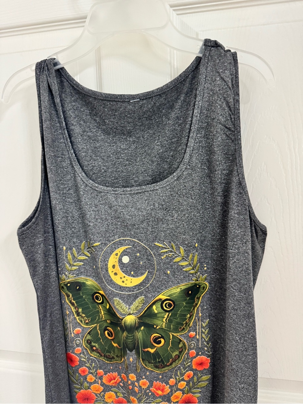 Green Moth Graphic Tank dress with Orange Floral Accents - Picture 3 of 5